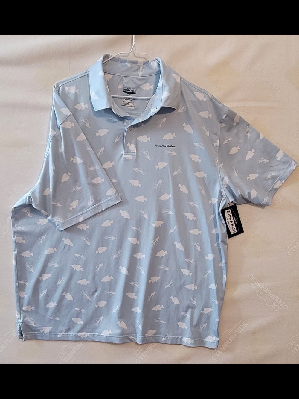 Honey Hole Light Blue Short-Sleeve Button-Down Polo with White Fish Print